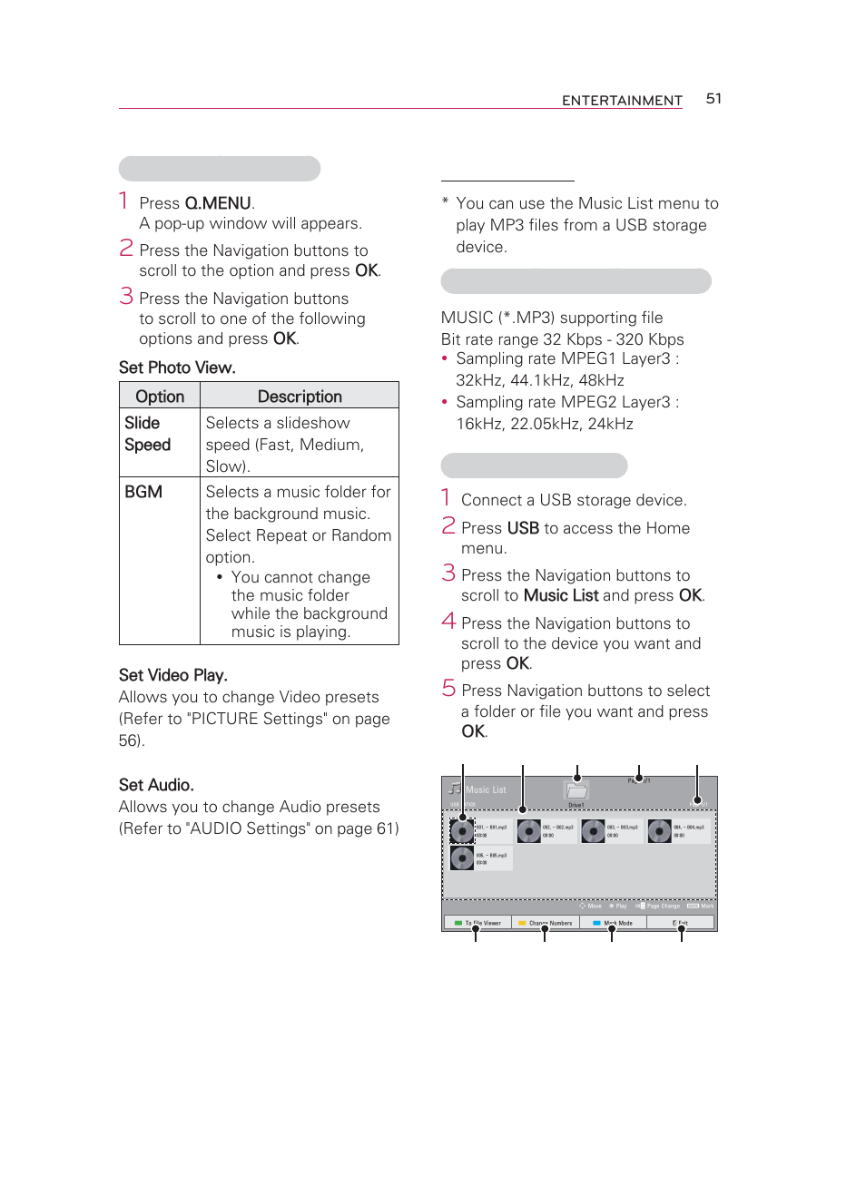 Music list, Options for photo list, Music supported file formats | Browsing music list | LG HW350T User Manual | Page 51 / 76