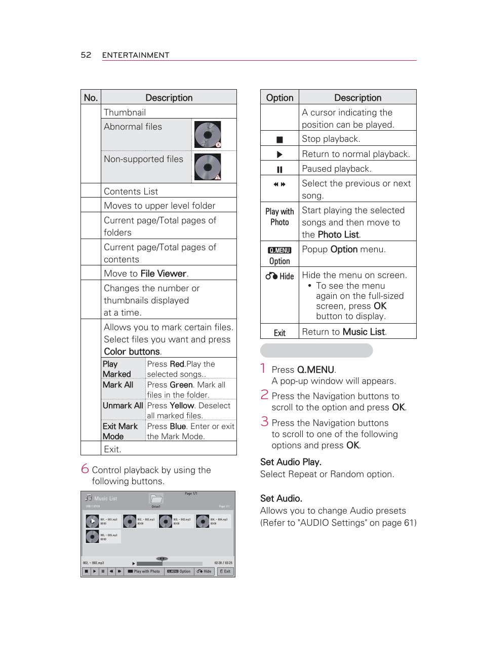 Options for music list | LG HW350T User Manual | Page 52 / 76