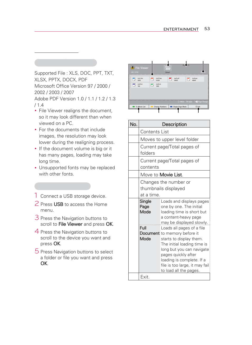 File viewer, Supported file formats, Browsing file viewer | LG HW350T User Manual | Page 53 / 76