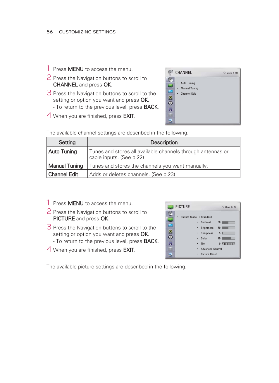 Channel settings, Picture settings | LG HW350T User Manual | Page 56 / 76