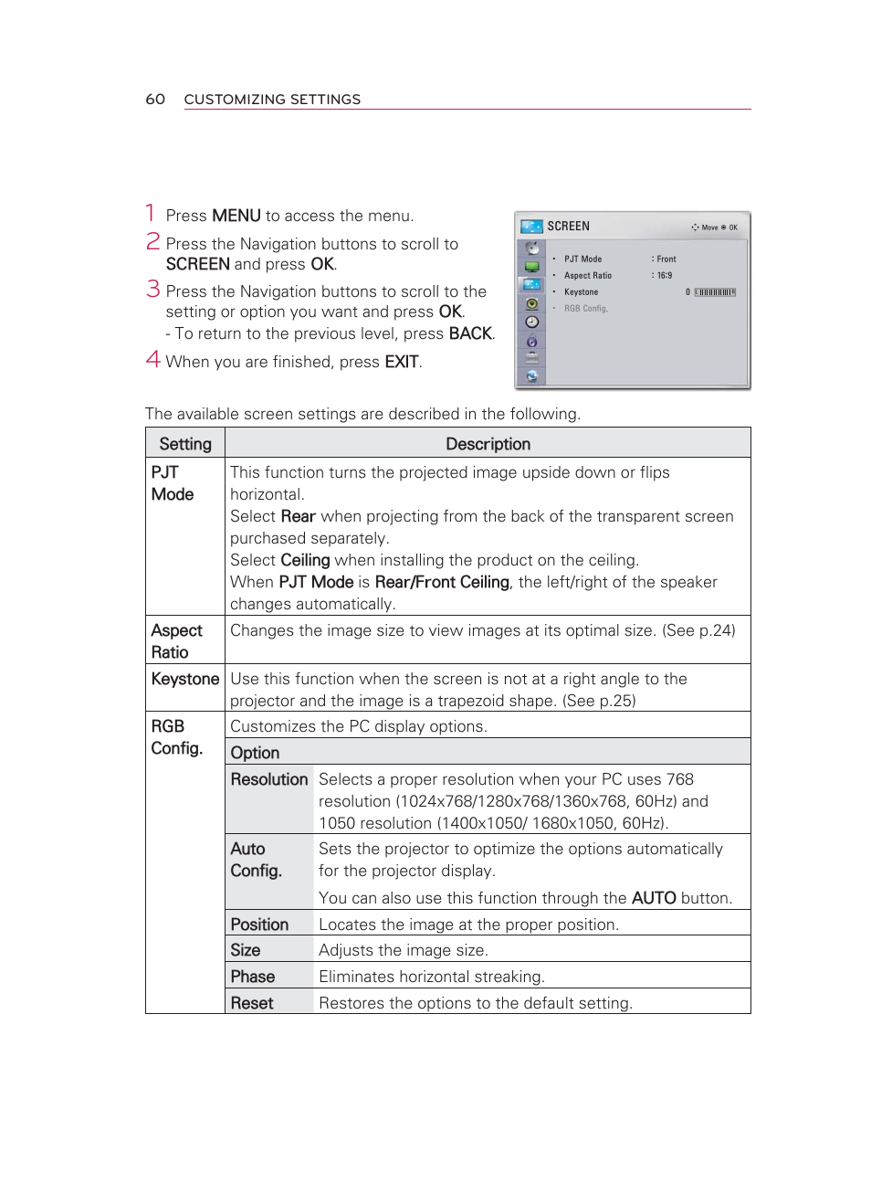 Screen settings | LG HW350T User Manual | Page 60 / 76