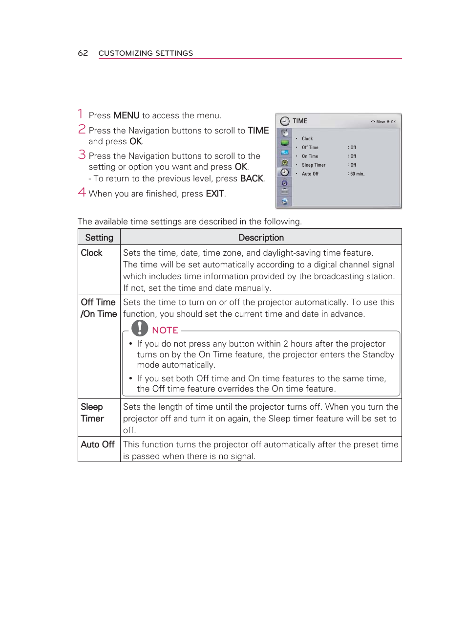 Time settings | LG HW350T User Manual | Page 62 / 76