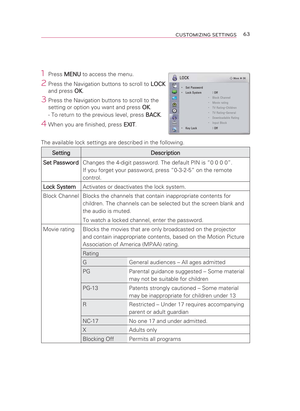Lock settings | LG HW350T User Manual | Page 63 / 76