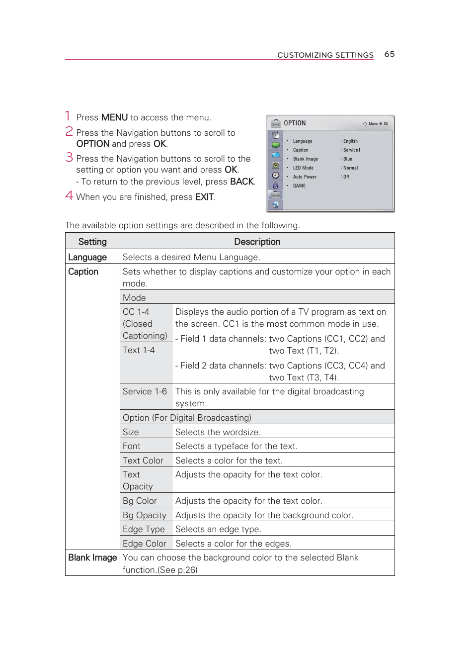 Option settings | LG HW350T User Manual | Page 65 / 76