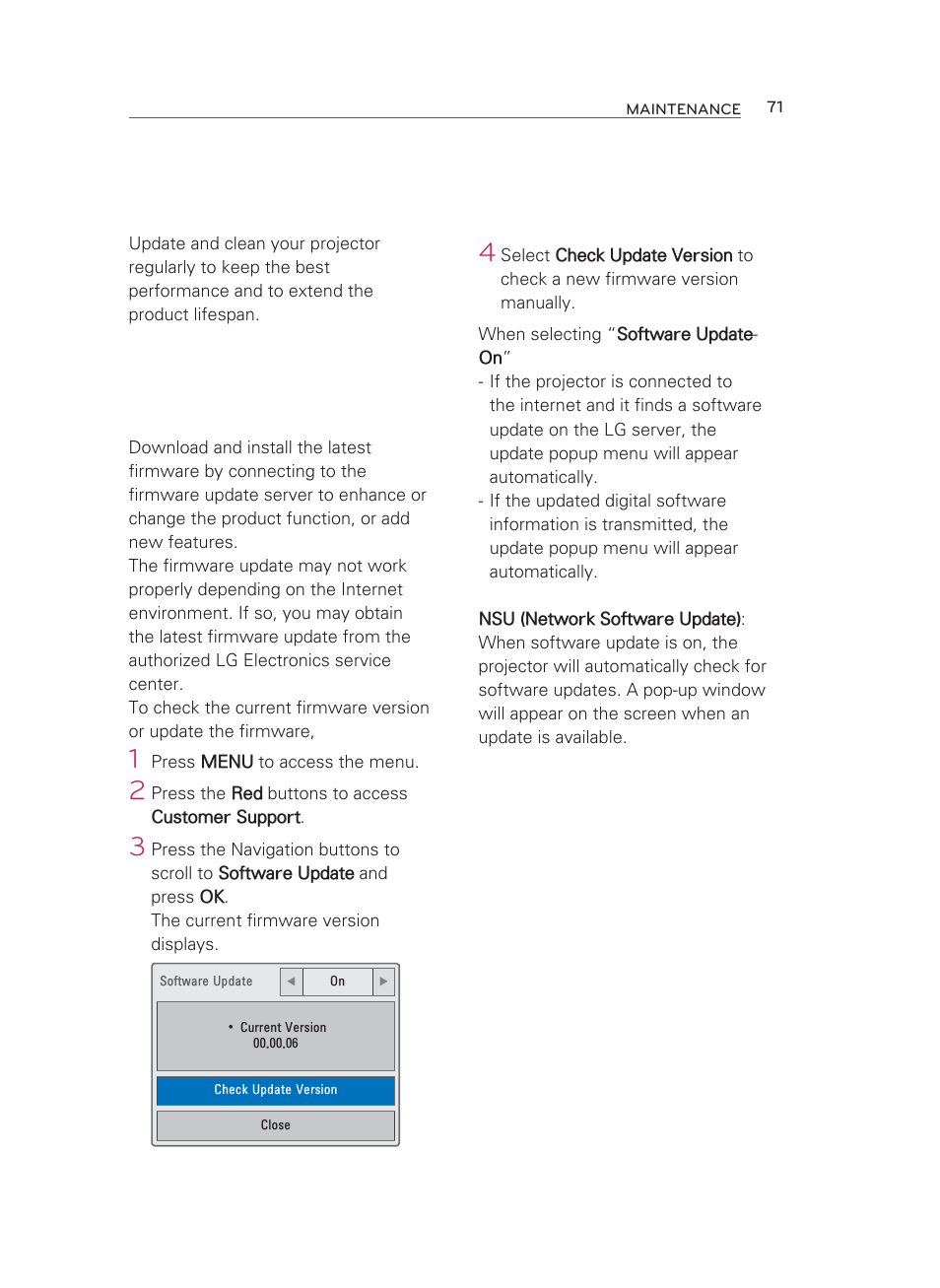 Maintenance, Updating the projector firmware | LG HW350T User Manual | Page 71 / 76