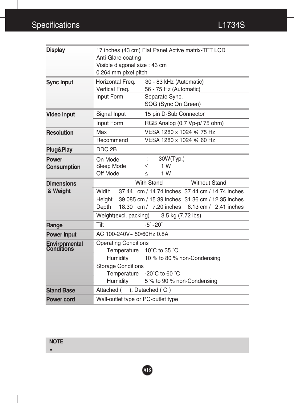 Specifications, L1734s, Specifications l1734s | LG L1734S-BN User Manual | Page 19 / 24