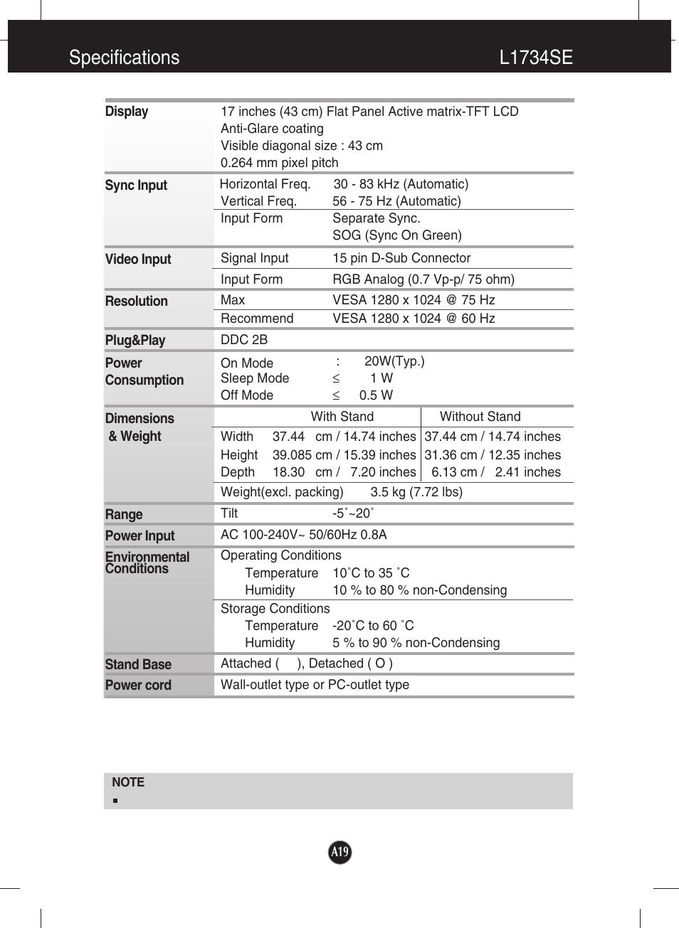 L1734se, Specifications l1734se | LG L1734S-BN User Manual | Page 20 / 24