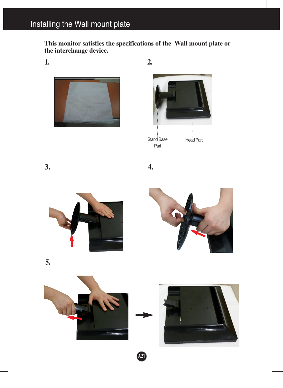 Installing the wall mount plate | LG L1734S-BN User Manual | Page 22 / 24