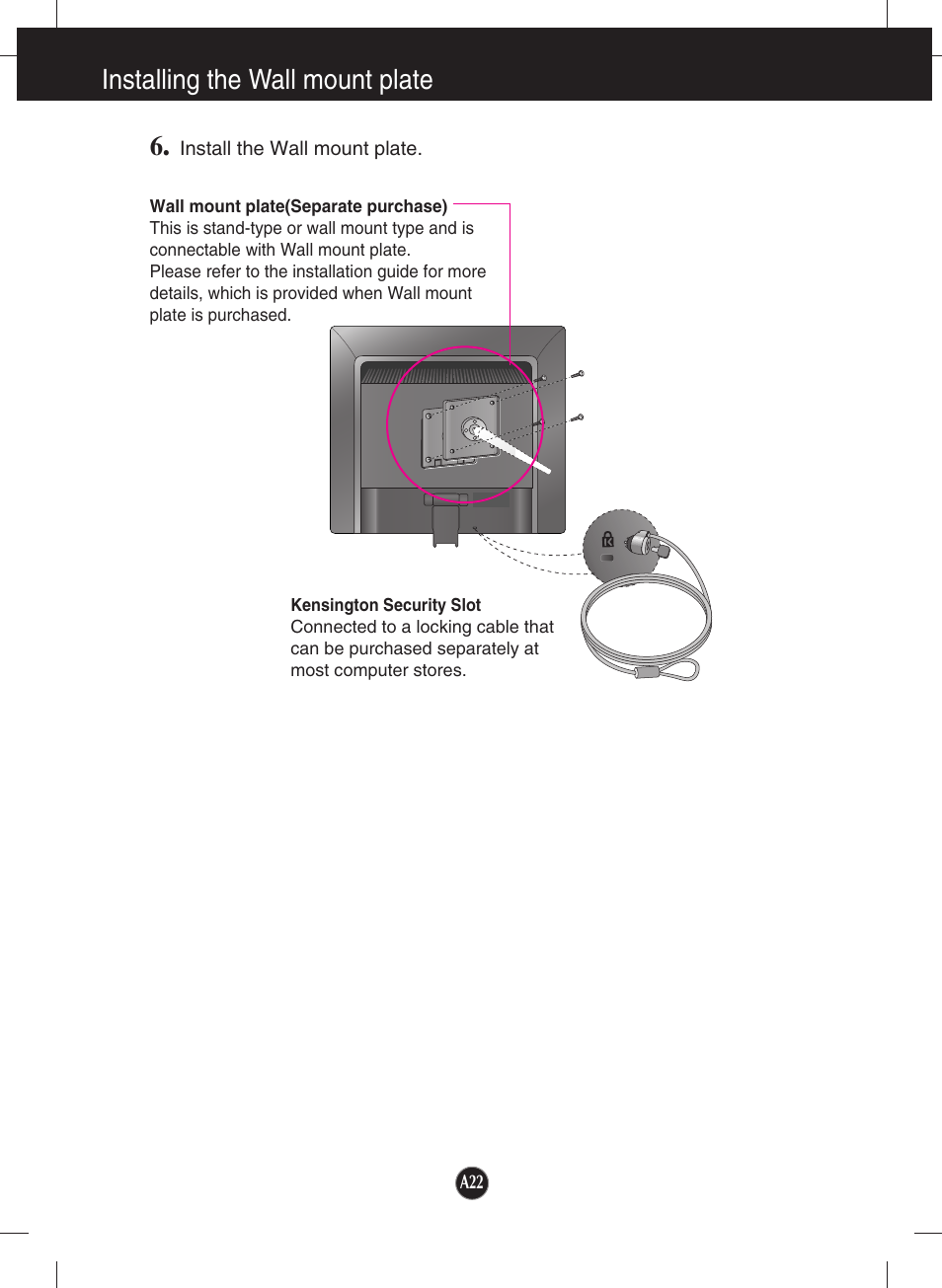 Installing the wall mount plate | LG L1734S-BN User Manual | Page 23 / 24