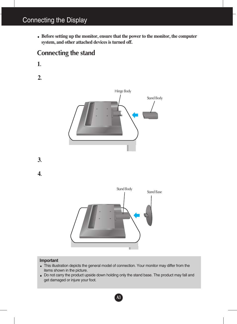 Connecting the display, Connecting the stand | LG L1734S-BN User Manual | Page 4 / 24