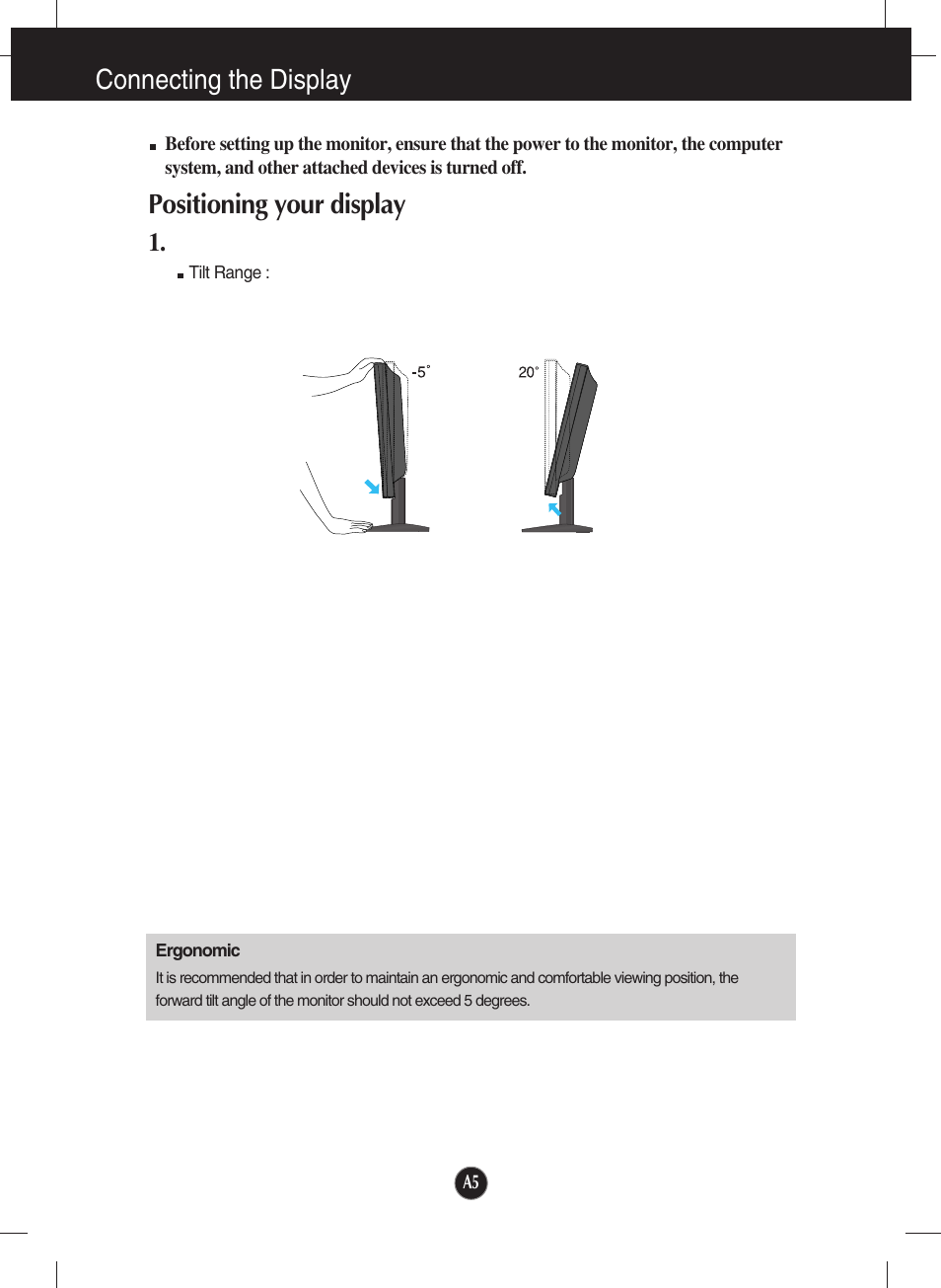 Positioning your display, Connecting the display | LG L1734S-BN User Manual | Page 6 / 24