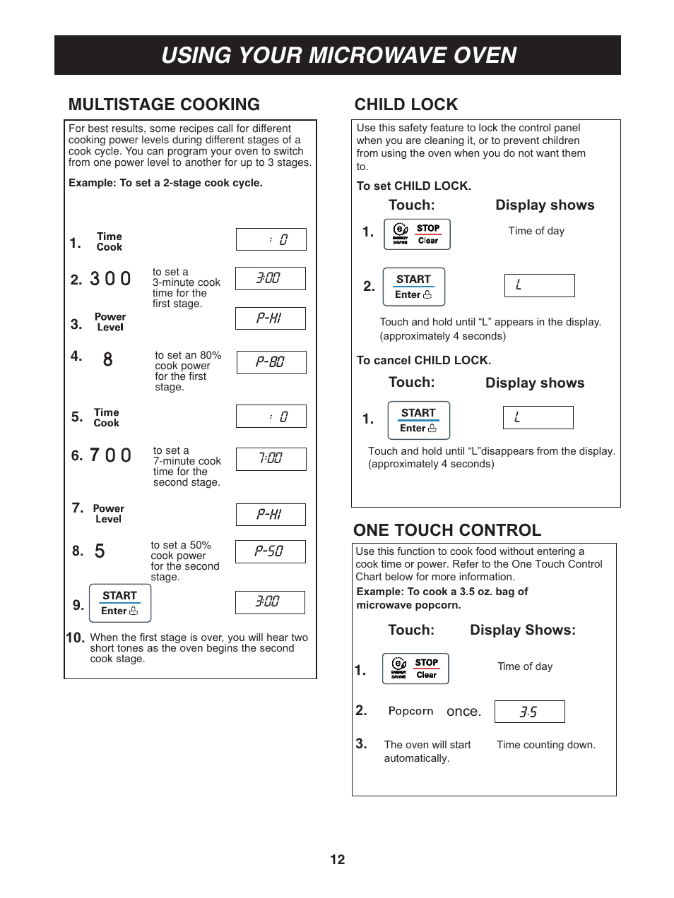 Using your microwave oven, Child lock, One touch control | Multistage cooking | LG LCS1112SW User Manual | Page 12 / 25