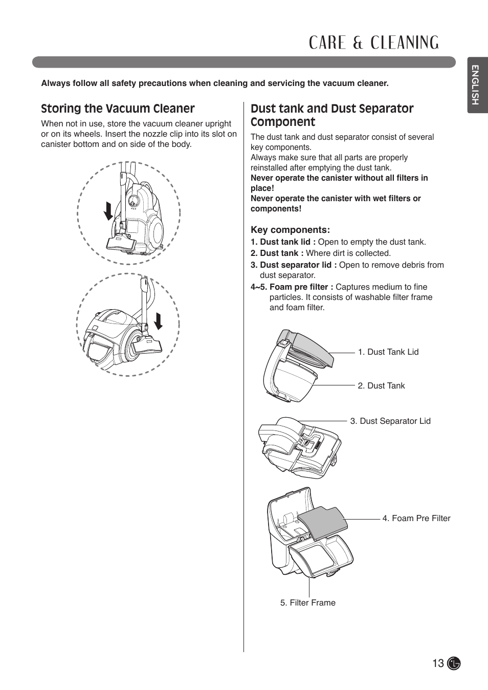 Care & cleaning, Storing the vacuum cleaner, Dust tank and dust separator component | LG LCV800R User Manual | Page 13 / 40