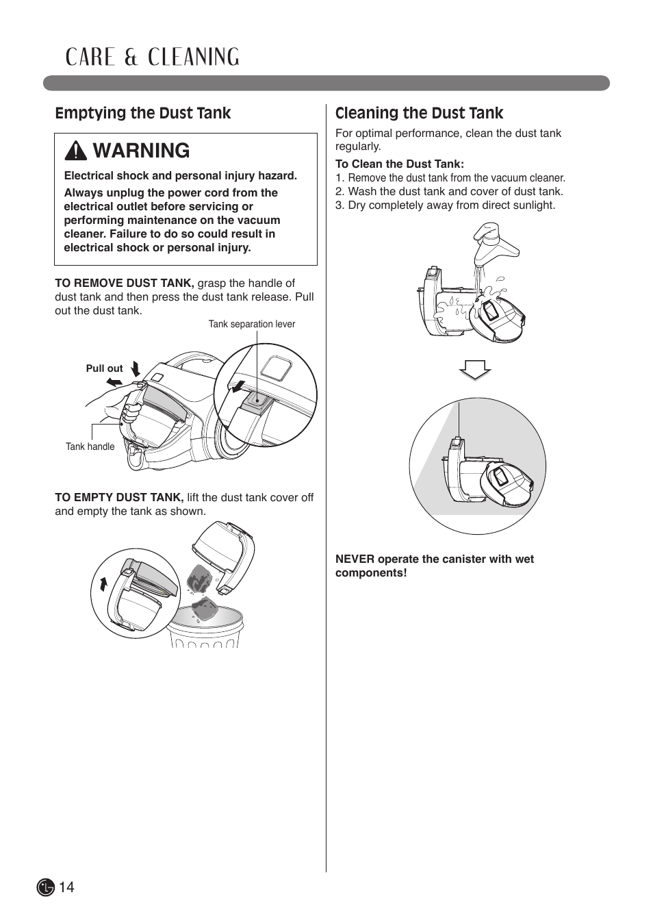 Care & cleaning, Warning, Emptying the dust tank | Cleaning the dust tank | LG LCV800R User Manual | Page 14 / 40
