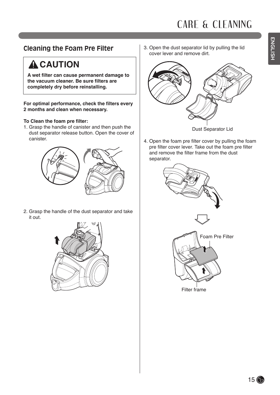 Care & cleaning, Caution, Cleaning the foam pre filter | LG LCV800R User Manual | Page 15 / 40