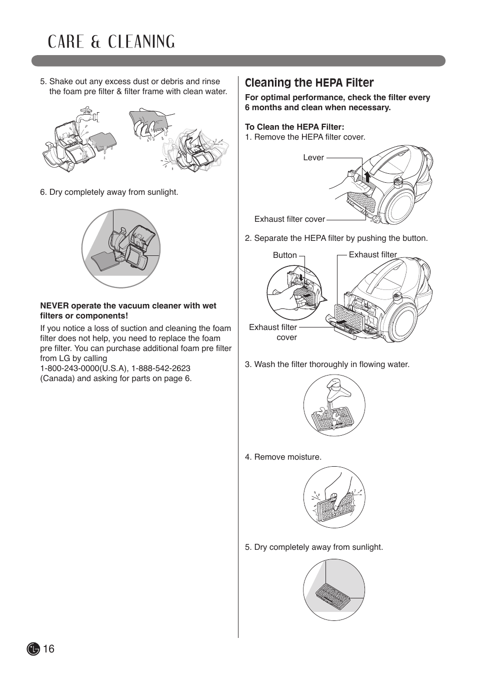 Care & cleaning, Cleaning the hepa filter | LG LCV800R User Manual | Page 16 / 40