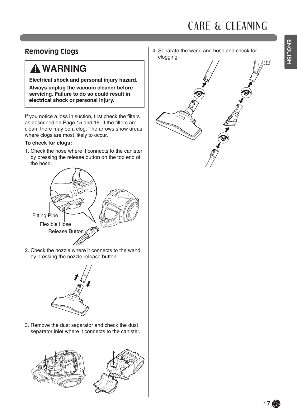 Care & cleaning, Warning, Removing clogs | LG LCV800R User Manual | Page 17 / 40