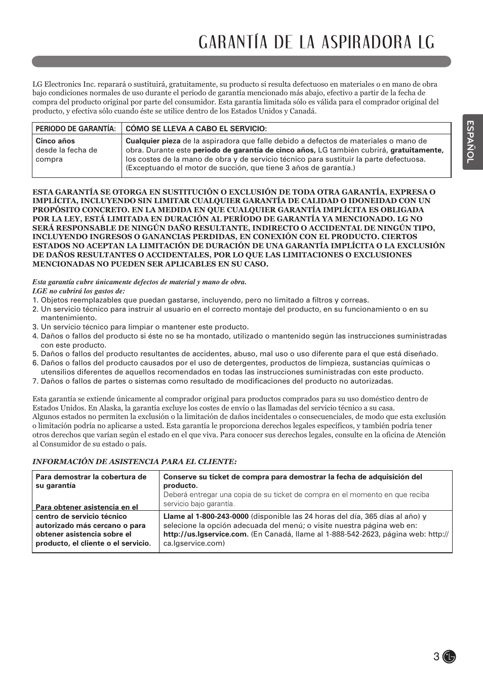 Garantía de la aspiradora lg | LG LCV800R User Manual | Page 23 / 40