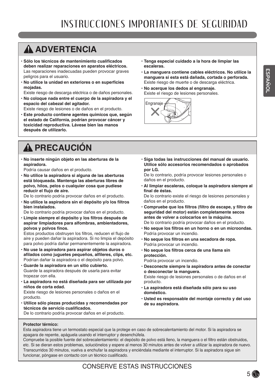 Instrucciones importantes de seguridad, Precaución, Advertencia | Conserve estas instrucciones | LG LCV800R User Manual | Page 25 / 40