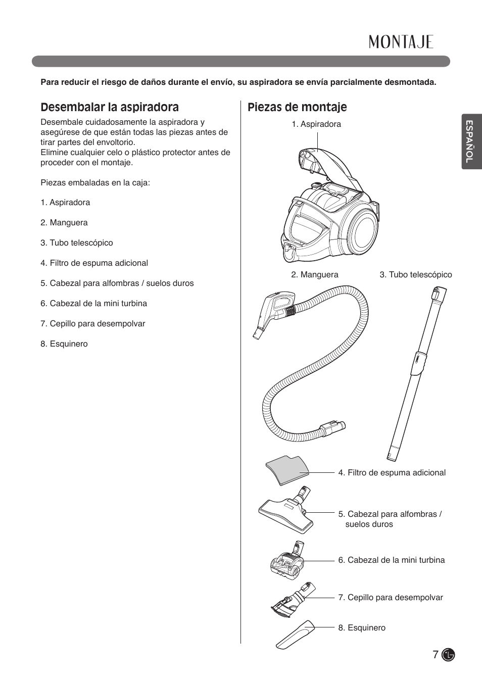 Montaje, Desembalar la aspiradora, Piezas de montaje | LG LCV800R User Manual | Page 27 / 40