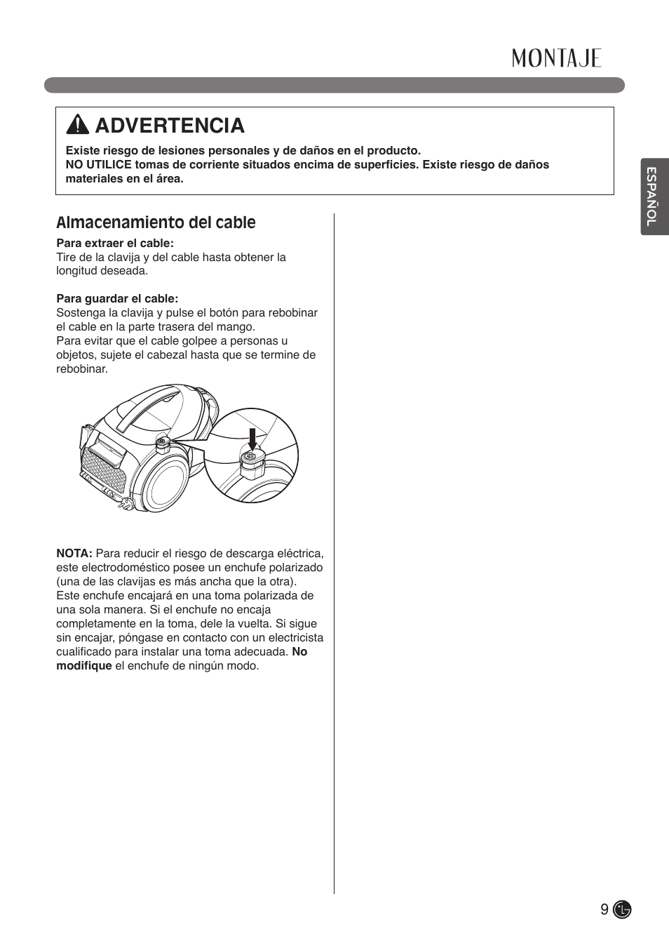 Montaje, Advertencia, Almacenamiento del cable | LG LCV800R User Manual | Page 29 / 40