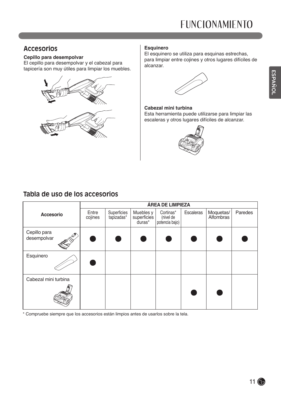 Funcionamiento, Accesorios, Tabla de uso de los accesorios | LG LCV800R User Manual | Page 31 / 40