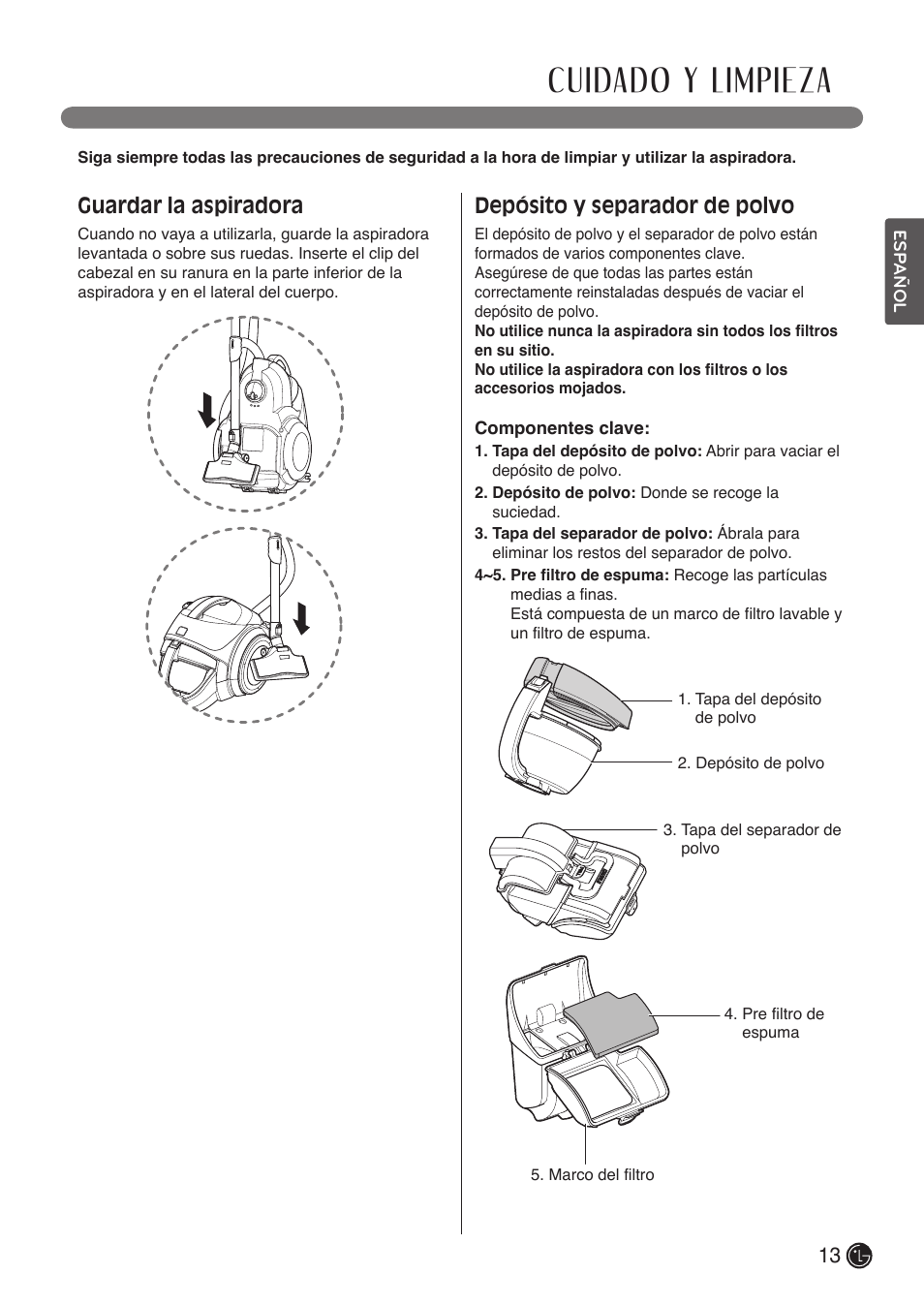 Cuidado y limpieza, Guardar la aspiradora, Depósito y separador de polvo | LG LCV800R User Manual | Page 33 / 40