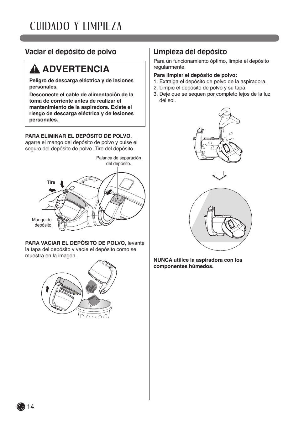 Cuidado y limpieza, Advertencia, Vaciar el depósito de polvo | Limpieza del depósito | LG LCV800R User Manual | Page 34 / 40