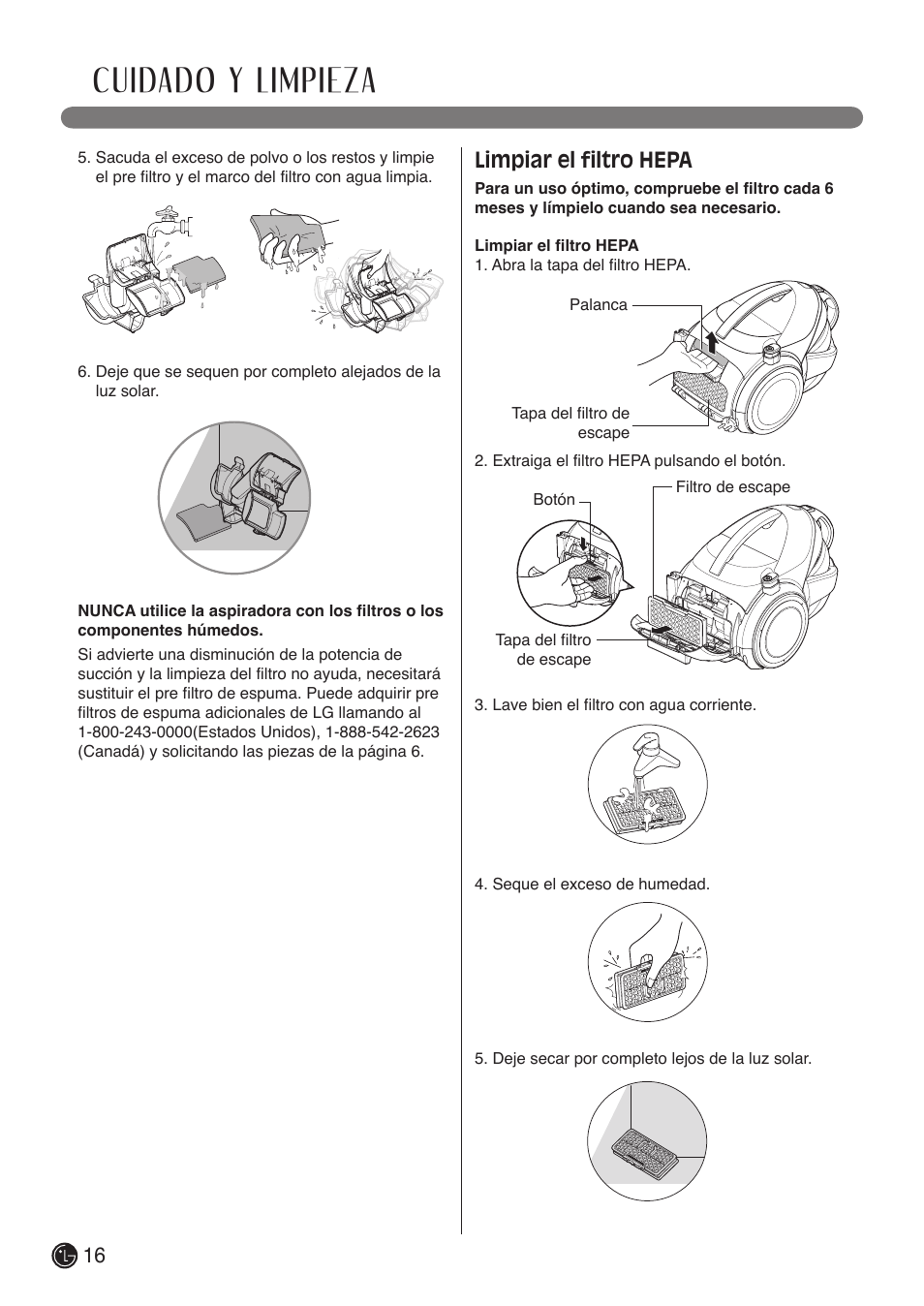 Cuidado y limpieza, Limpiar el filtro hepa | LG LCV800R User Manual | Page 36 / 40