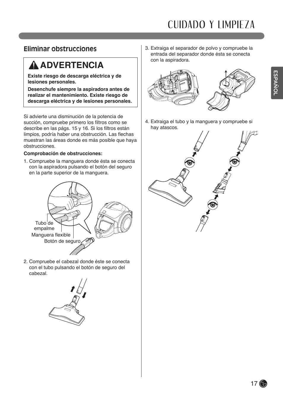 Cuidado y limpieza, Advertencia, Eliminar obstrucciones | LG LCV800R User Manual | Page 37 / 40