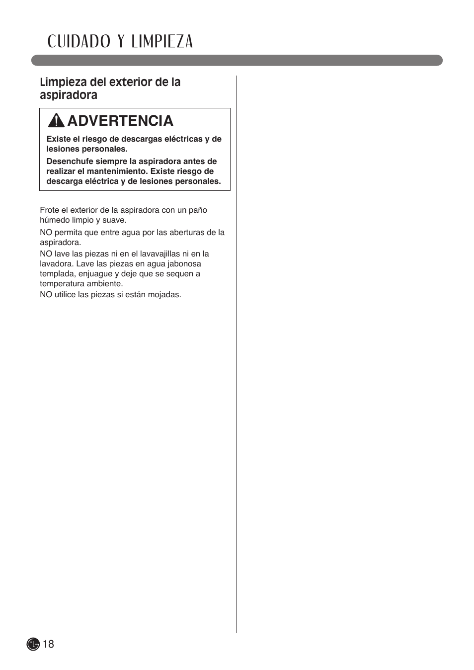 Cuidado y limpieza, Advertencia | LG LCV800R User Manual | Page 38 / 40