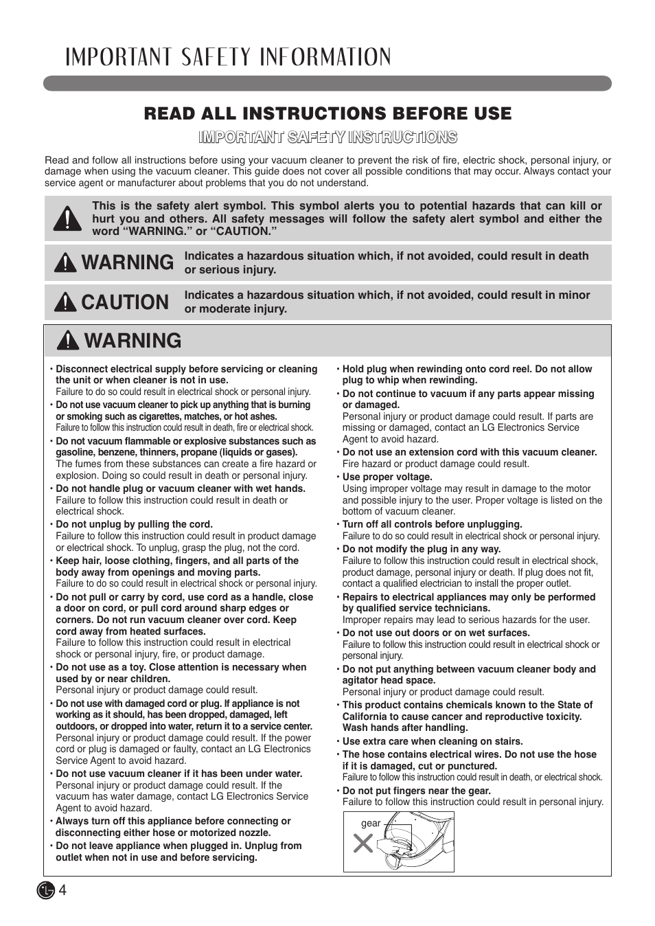 Important safety information, Warning, Caution | Read all instructions before use, Important safety instructions | LG LCV800R User Manual | Page 4 / 40