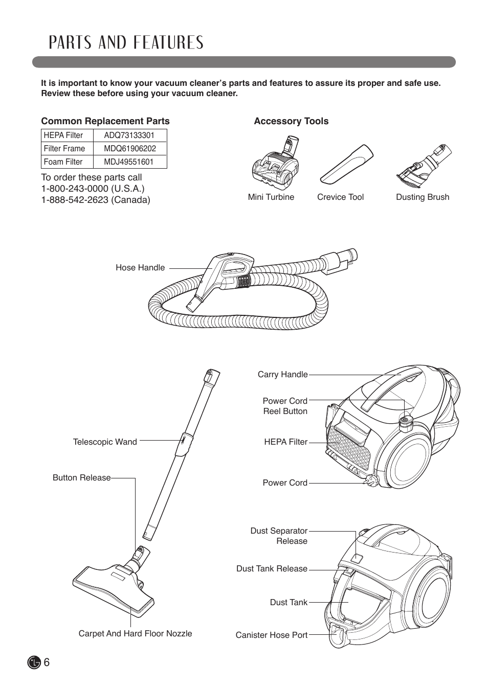 Parts and features | LG LCV800R User Manual | Page 6 / 40