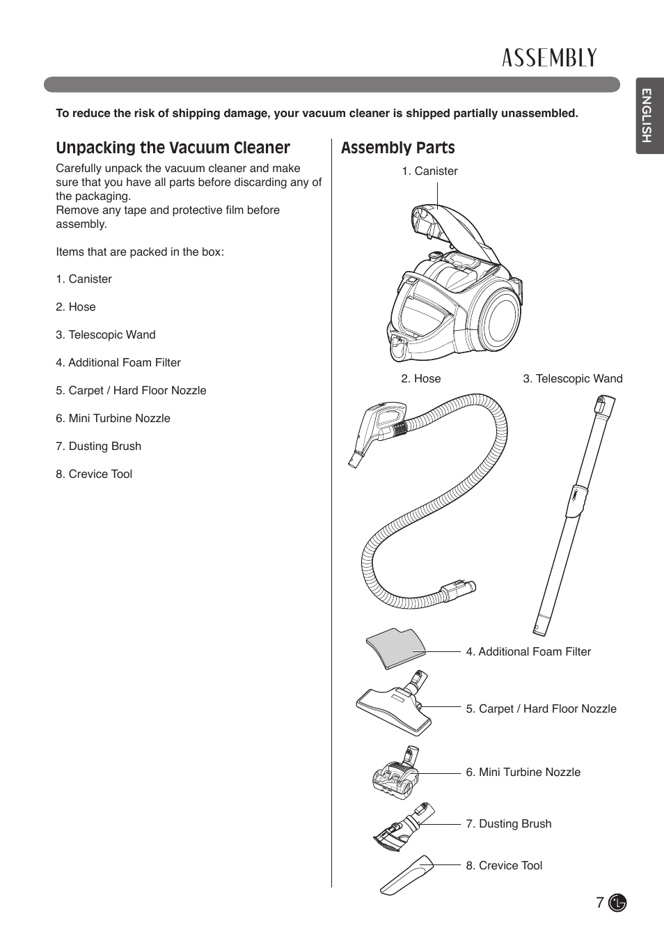 Assembly, Unpacking the vacuum cleaner, Assembly parts | LG LCV800R User Manual | Page 7 / 40