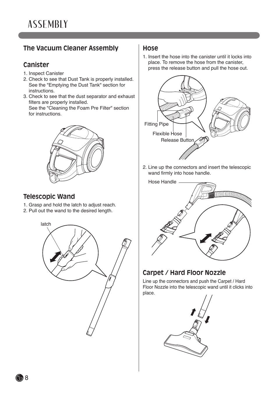 Assembly, The vacuum cleaner assembly canister, Telescopic wand | Hose, Carpet / hard floor nozzle | LG LCV800R User Manual | Page 8 / 40