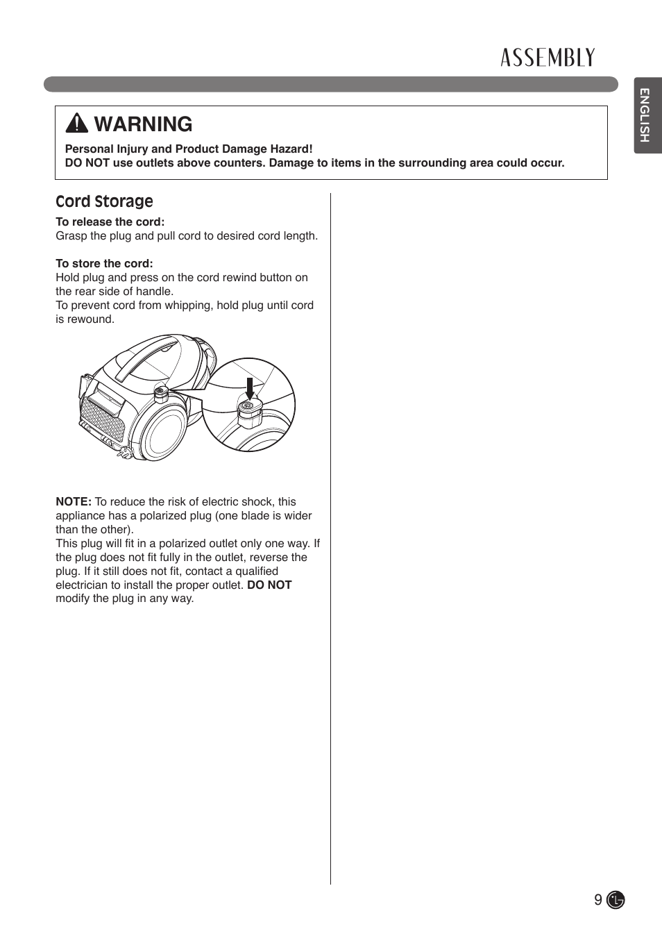 Assembly, Warning, Cord storage | LG LCV800R User Manual | Page 9 / 40