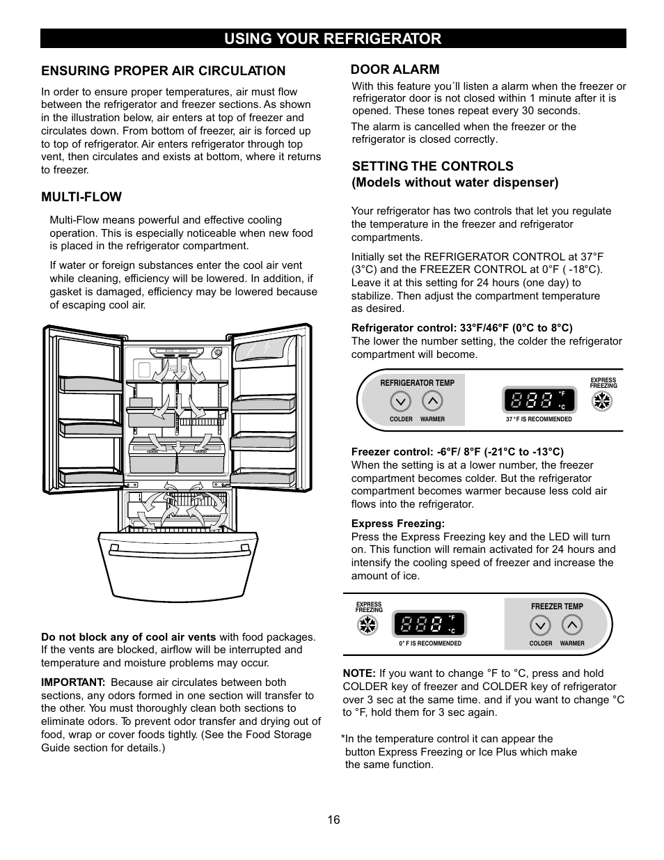 Using your refrigerator, Ensuring proper air circulation, Multi-flow | Setting the controls, Models without water dispenser), Door alarm | LG LRFC22750TT User Manual | Page 16 / 35