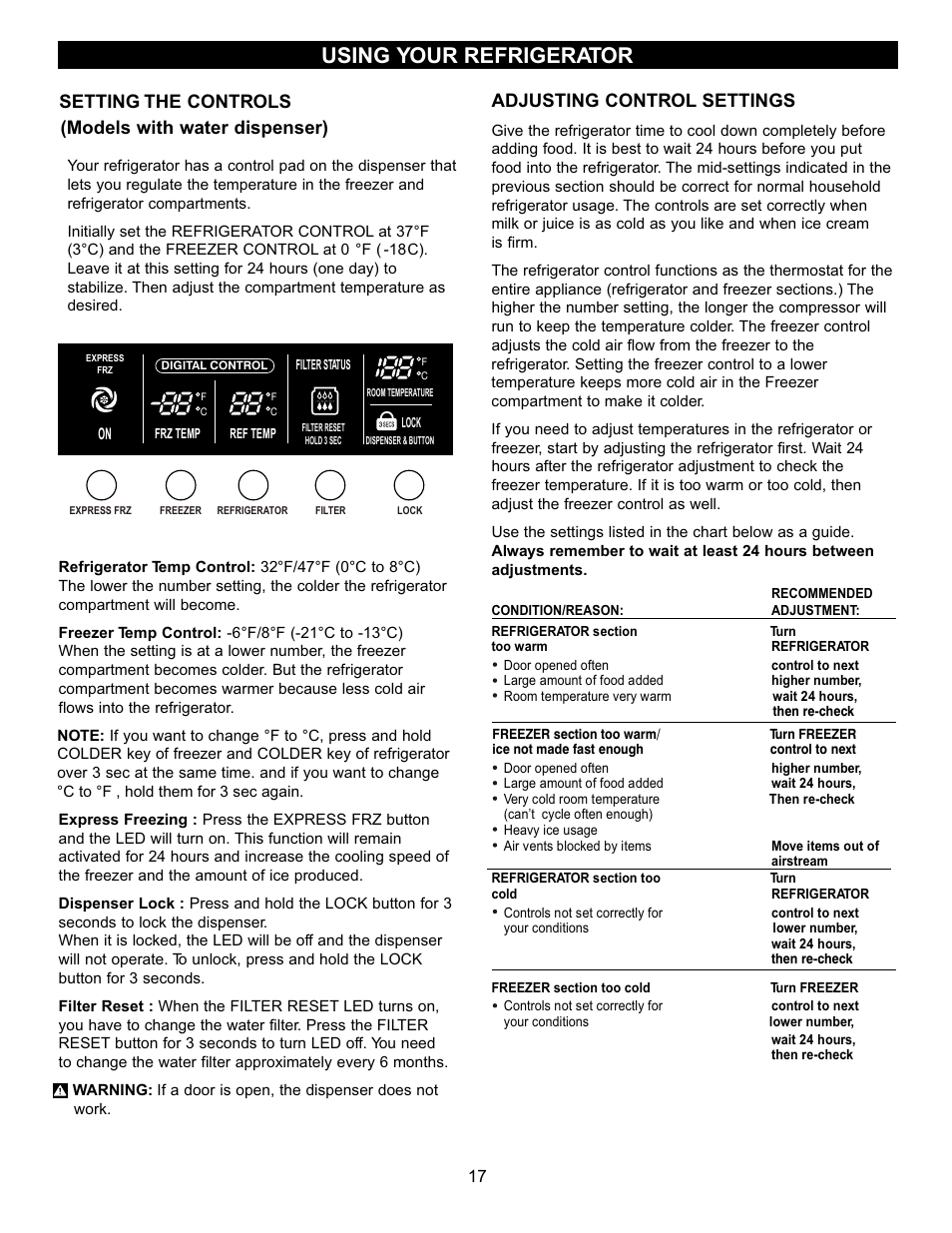 Using your refrigerator, Setting the controls, Adjusting control settings | Models with water dispenser) | LG LRFC22750TT User Manual | Page 17 / 35