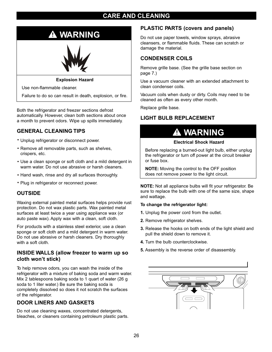Warning, Care and cleaning | LG LRFC22750TT User Manual | Page 26 / 35