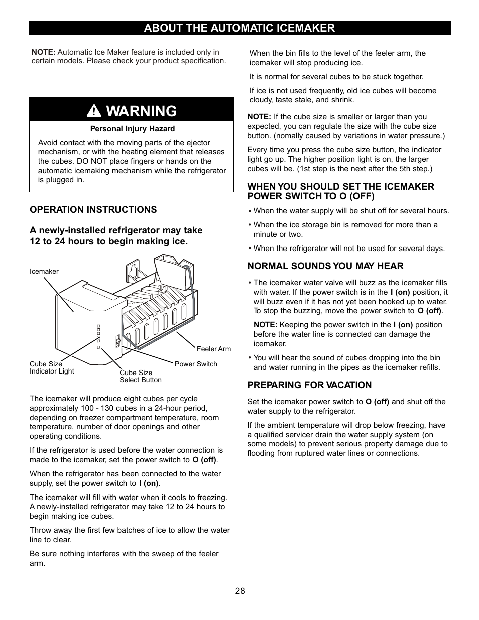 Warning, About the automatic icemaker | LG LRFC22750TT User Manual | Page 28 / 35