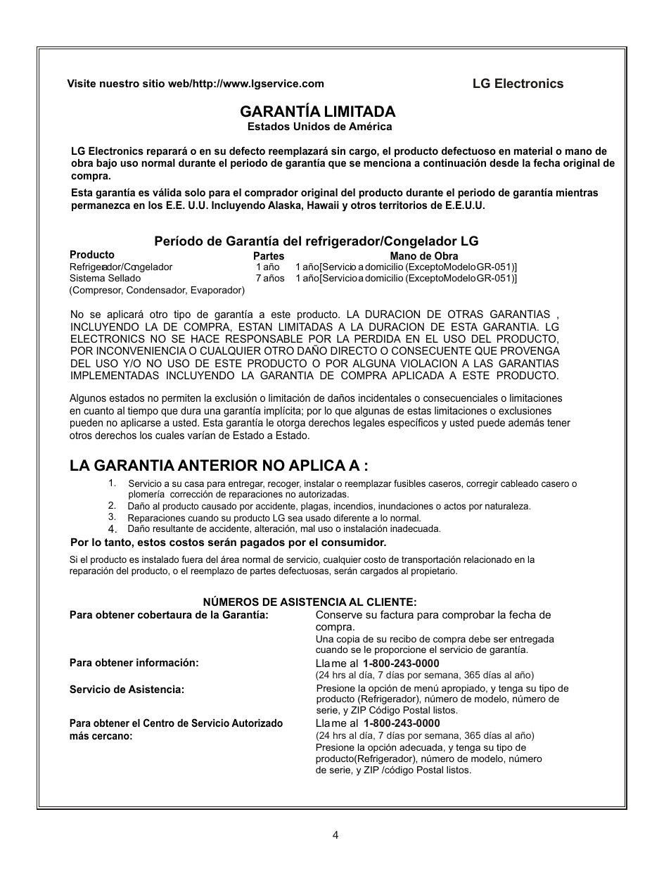 Garantía limitada, La garantia anterior no aplica a | LG LRFC22750TT User Manual | Page 4 / 35