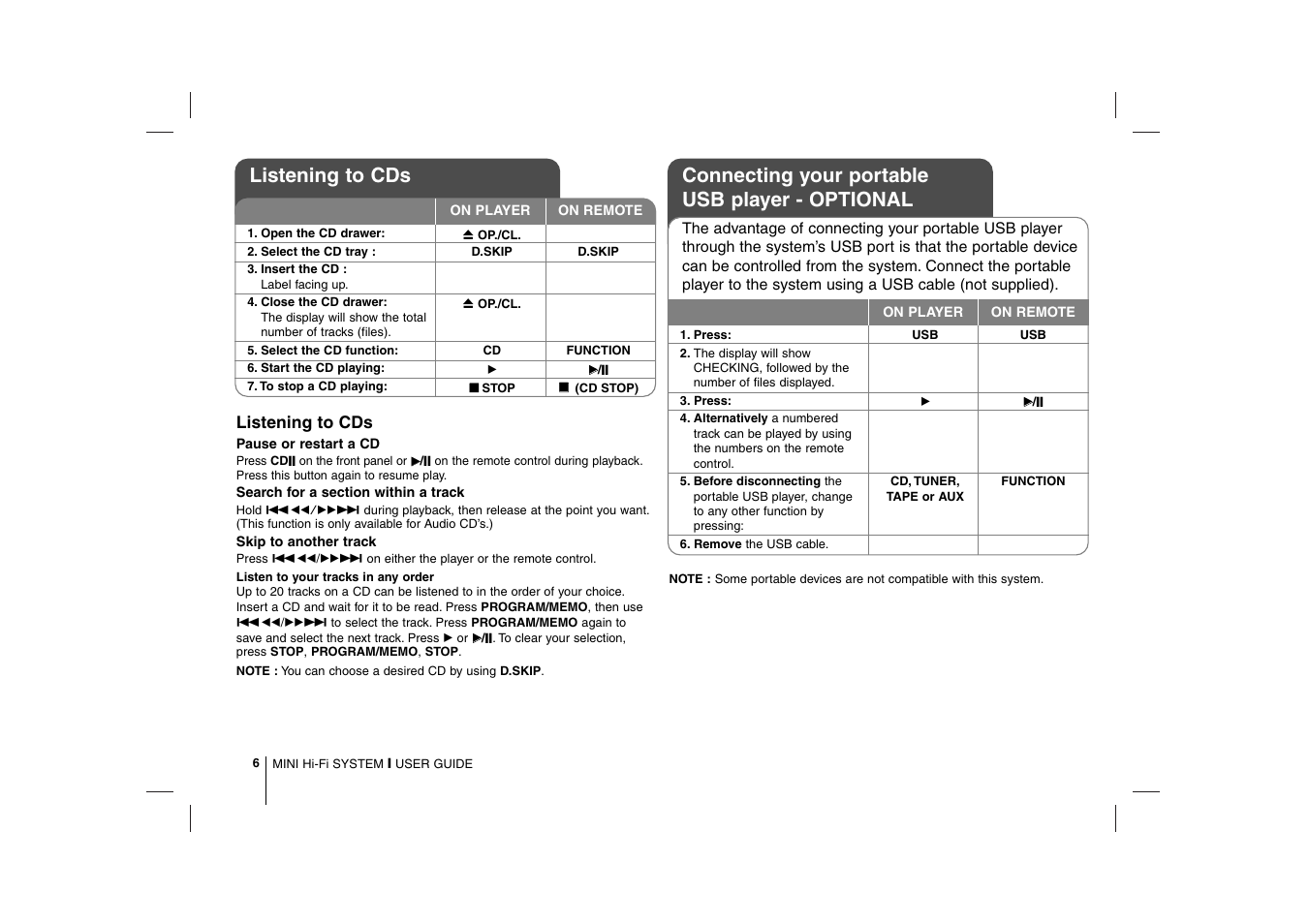 Listening to cds, Connecting your portable usb player - optional | LG MCD212 User Manual | Page 6 / 12