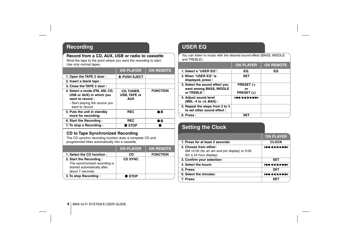 Setting the clock, Recording, User eq | LG MCD212 User Manual | Page 8 / 12