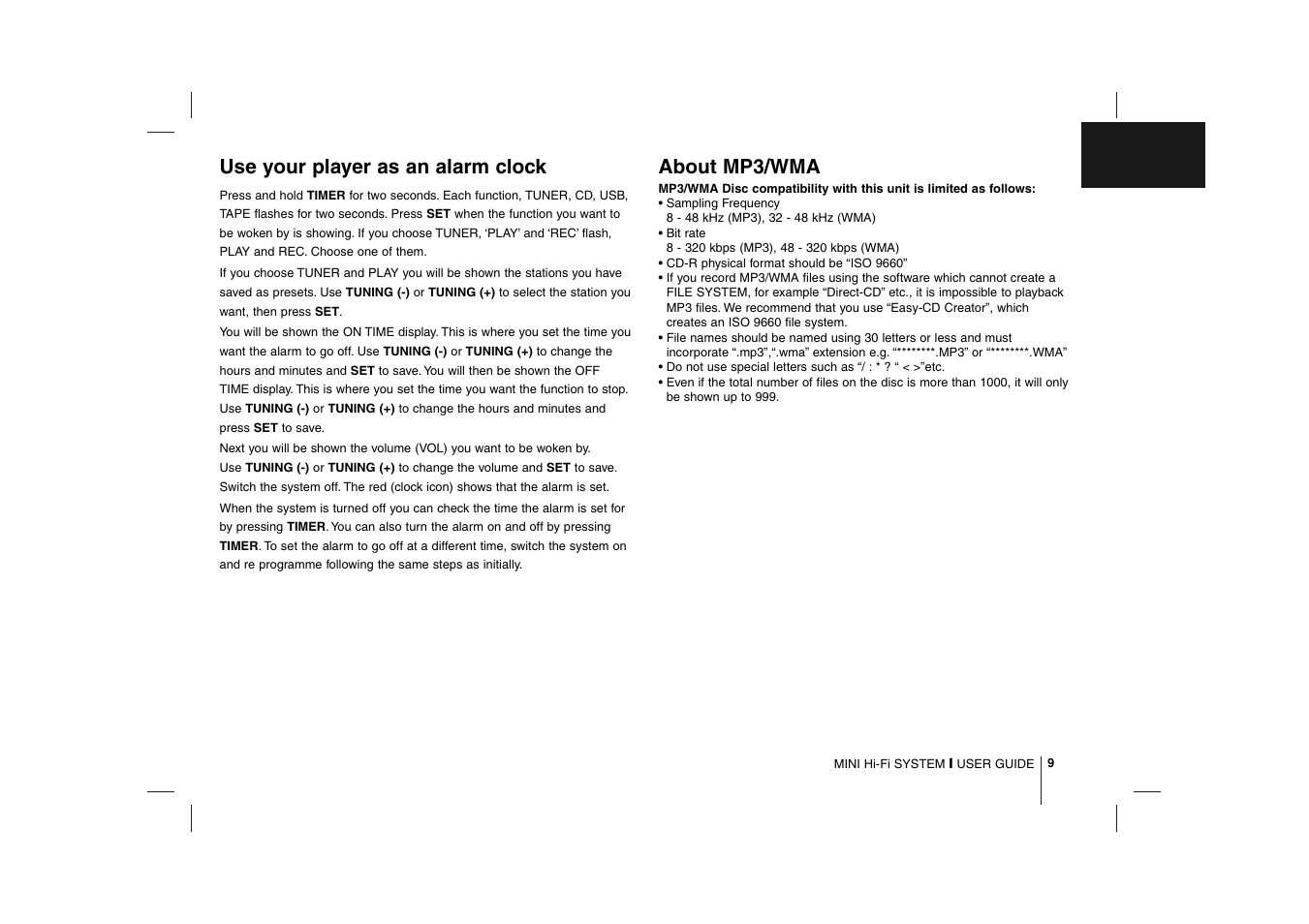 Use your player as an alarm clock, About mp3/wma | LG MCD212 User Manual | Page 9 / 12