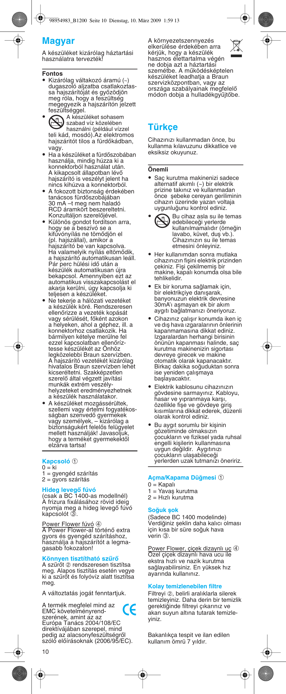 Magyar, Türkçe | Braun BC1400 Swing User Manual | Page 10 / 19