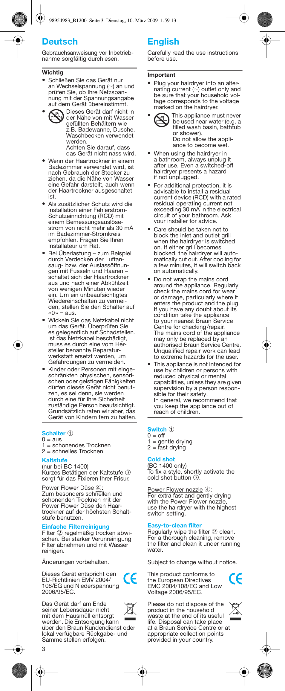 Deutsch, English | Braun BC1400 Swing User Manual | Page 3 / 19