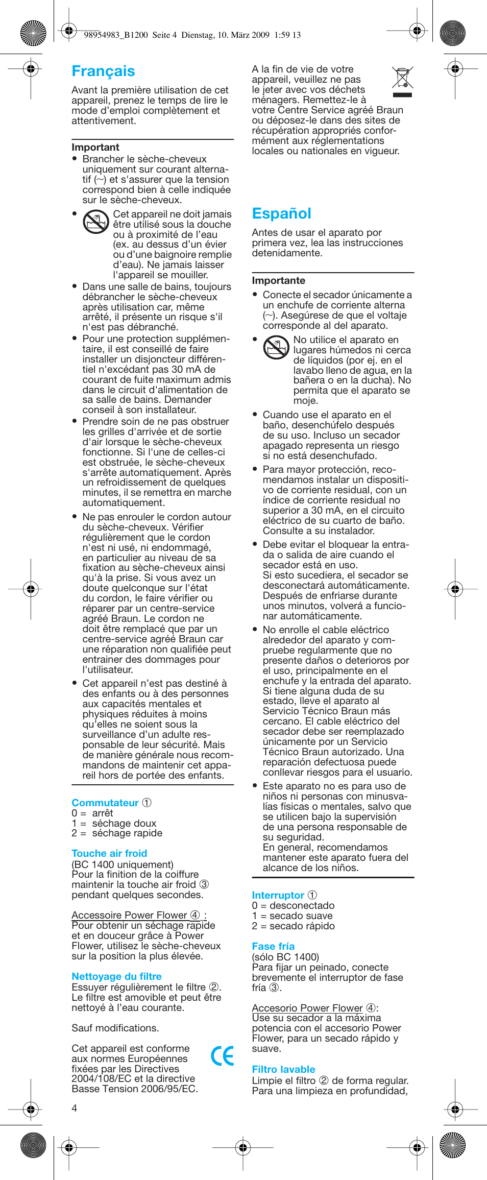 Français, Español | Braun BC1400 Swing User Manual | Page 4 / 19