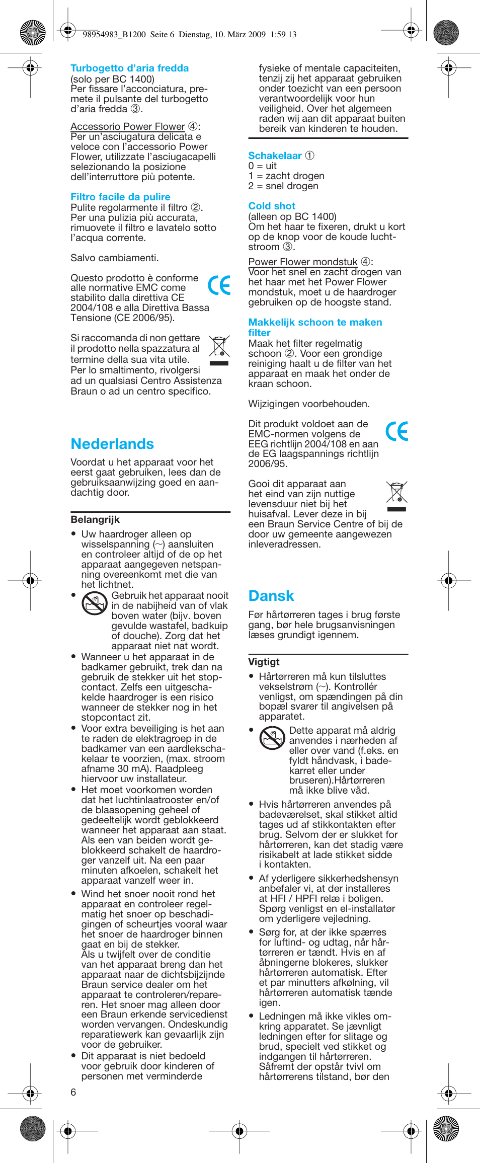 Nederlands, Dansk | Braun BC1400 Swing User Manual | Page 6 / 19