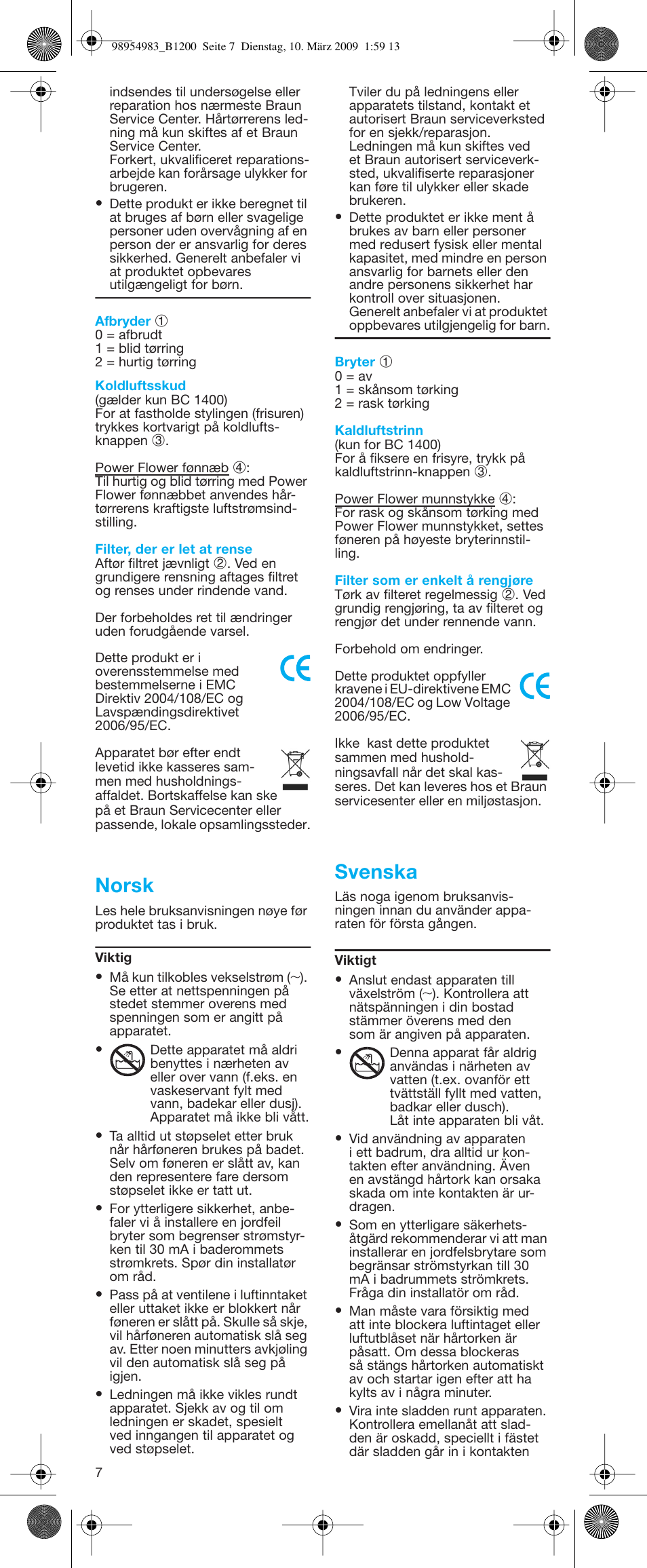 Norsk, Svenska | Braun BC1400 Swing User Manual | Page 7 / 19