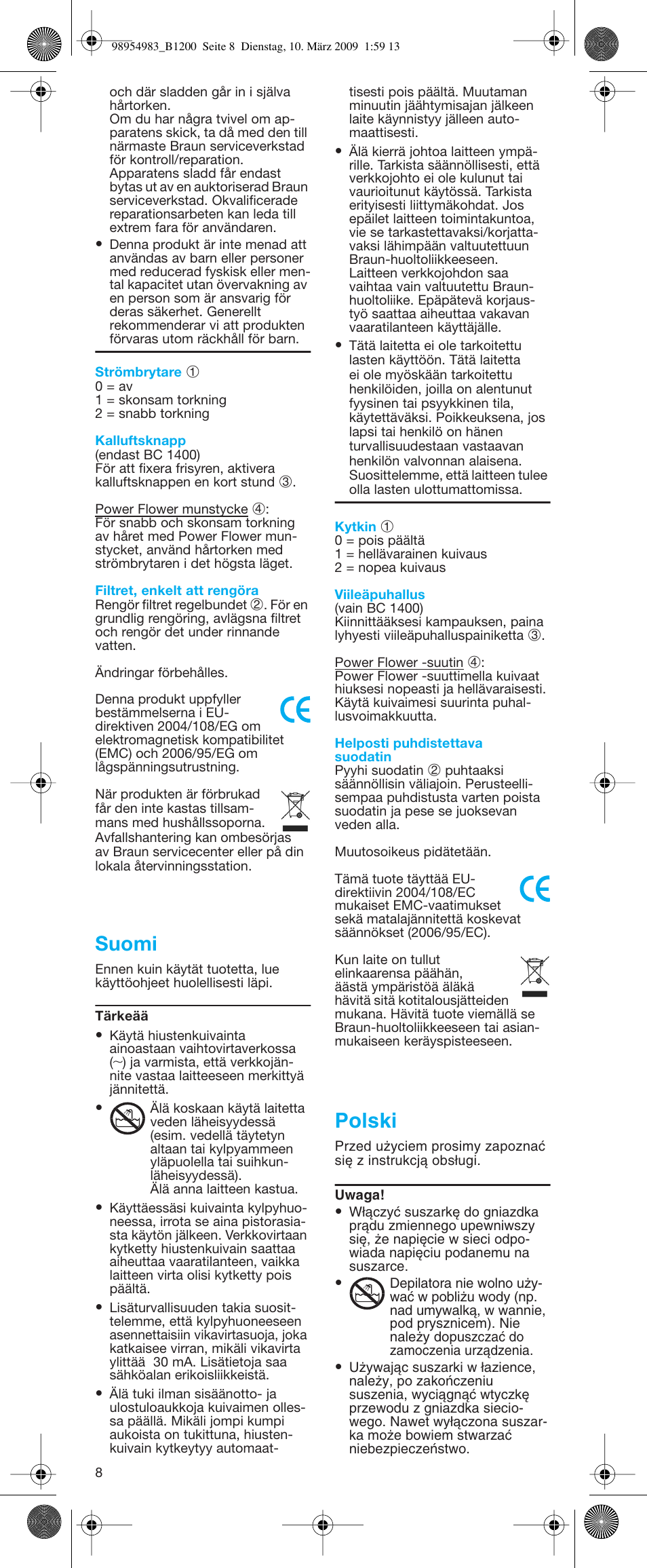 Suomi, Polski | Braun BC1400 Swing User Manual | Page 8 / 19